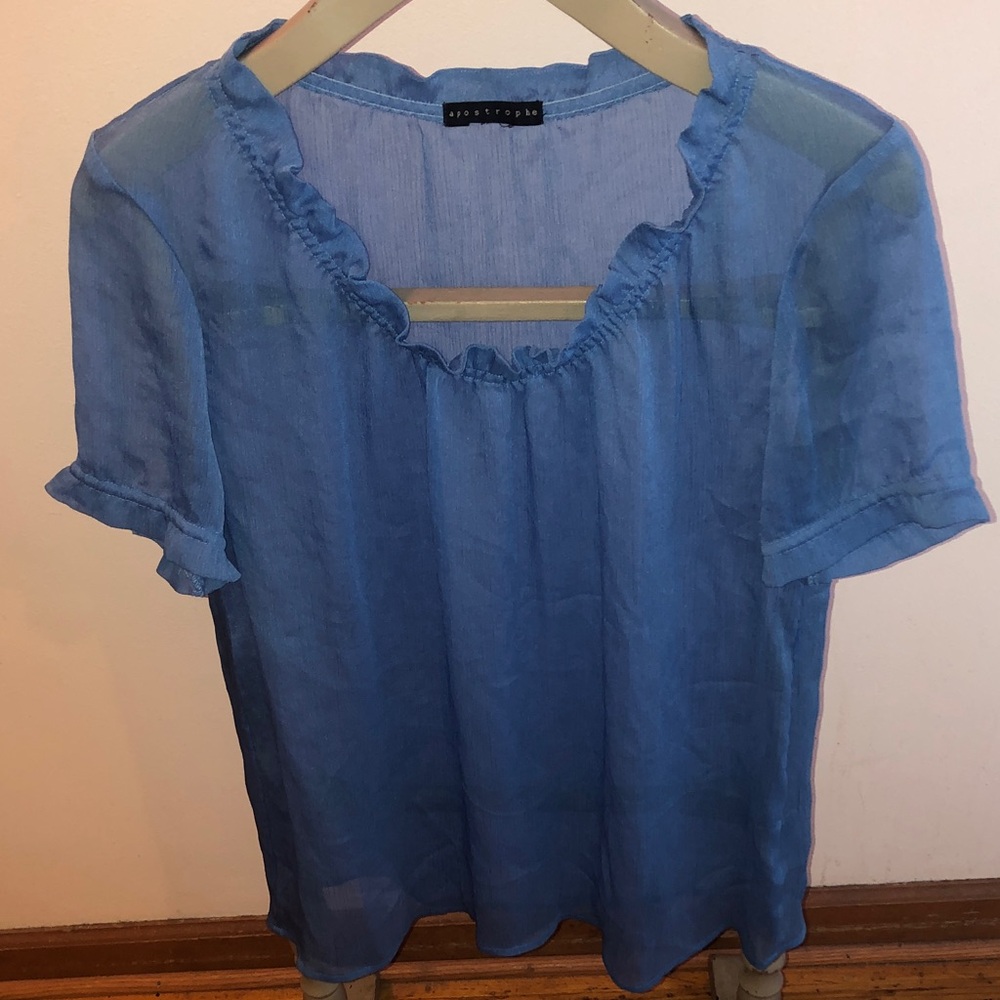Apostrophe Sheer Cornflower Blue Ruffle Scoop Neck Blouse